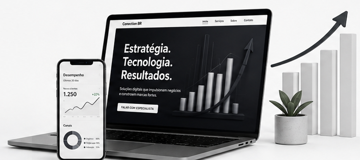Notebook e celular exibindo resultados de marketing digital, ao lado de um gráfico de crescimento.