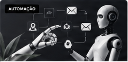 Robô interagindo com ícones de automação de marketing.