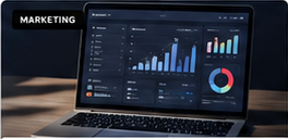 Painel de resultados de marketing digital em um notebook.